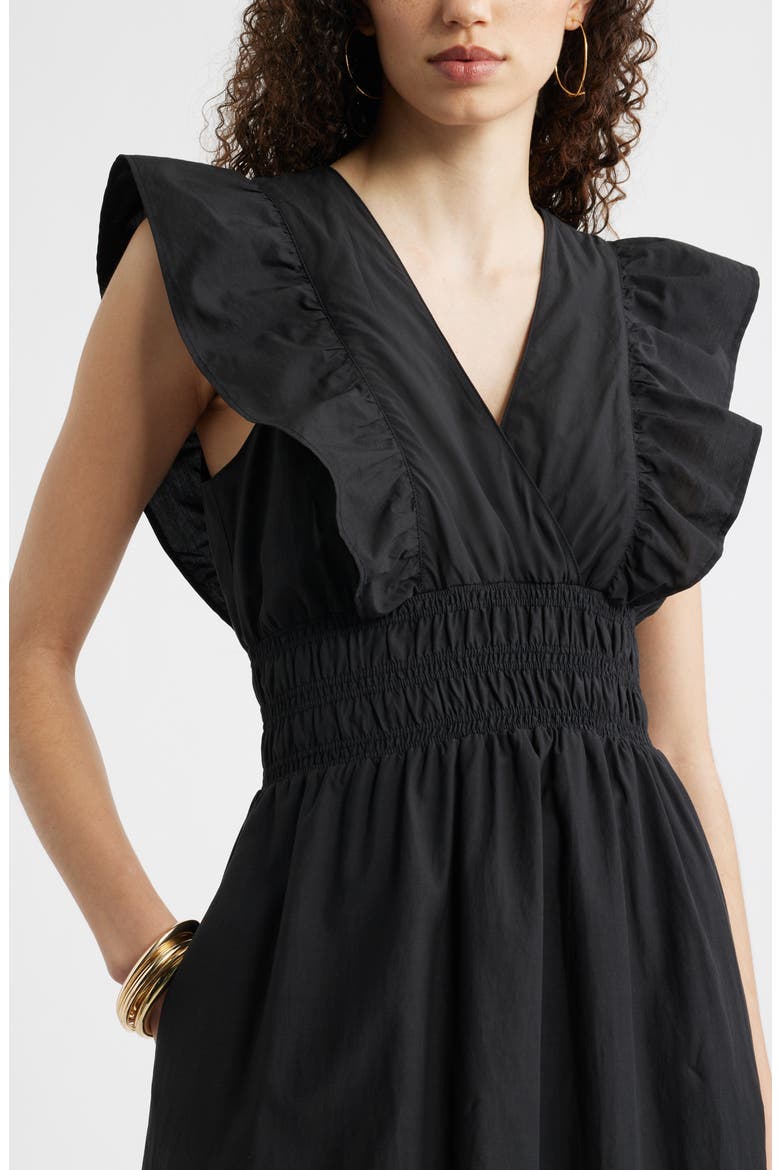 Flutter Sleeve Smocked Waist Midi Dress, Alternate, color, BLACK