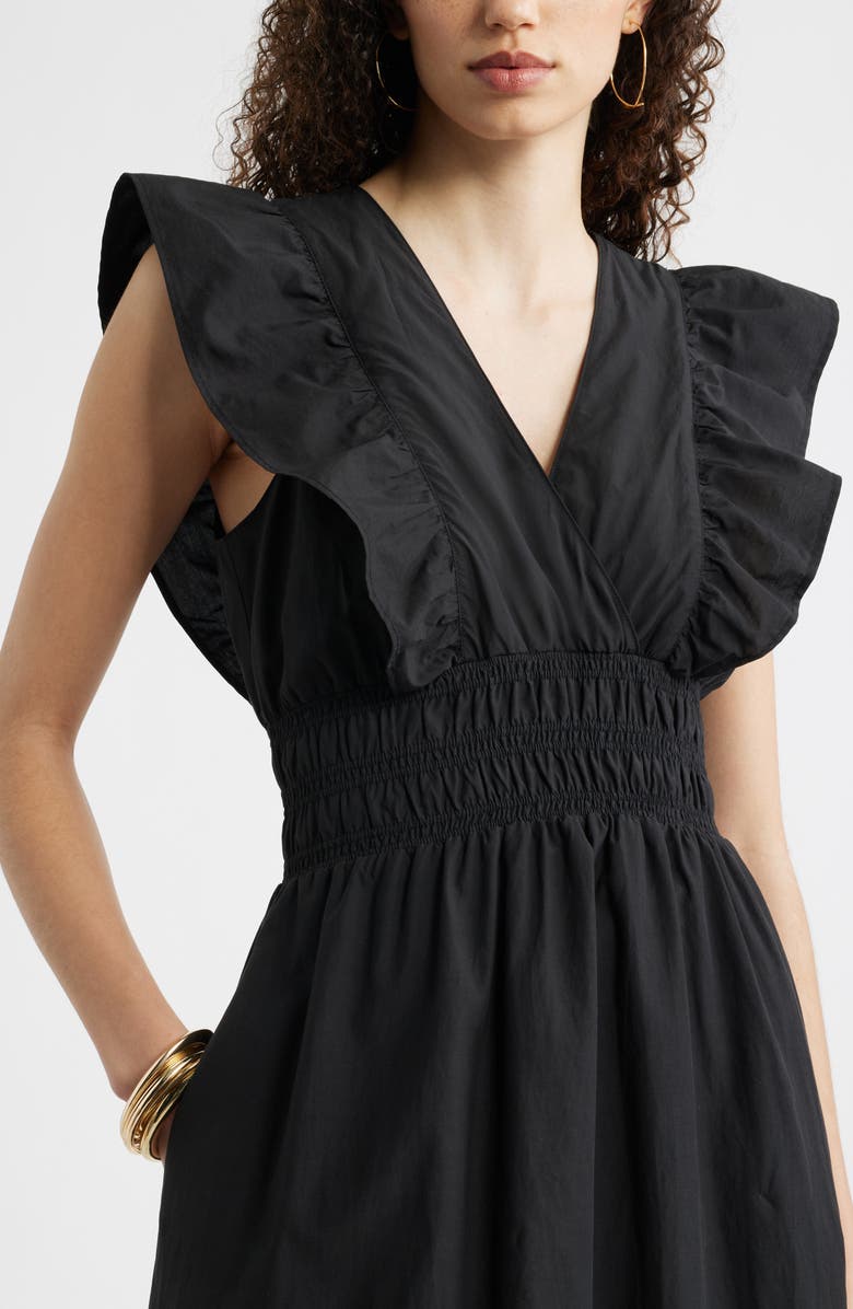 Nordstrom Flutter Sleeve Smocked Waist Midi Dress, Alternate, color, Black