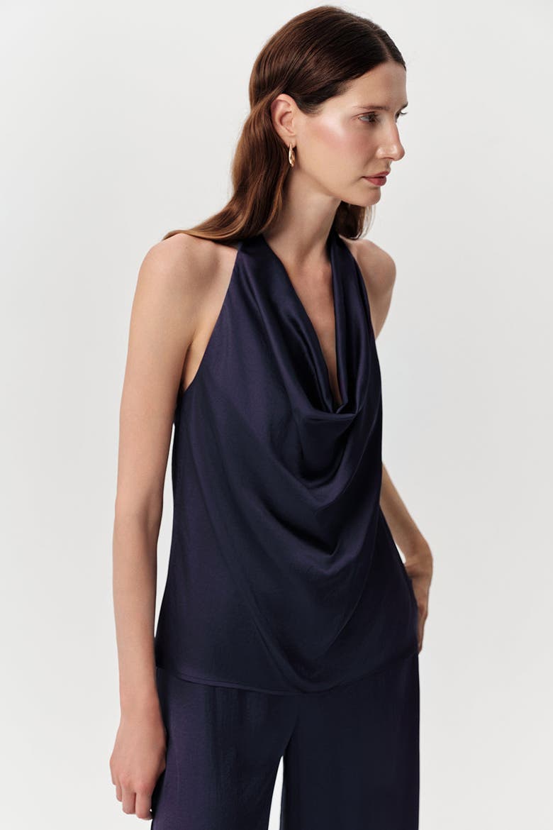 Tasha Cowl Neck Halter Tie Satin Blouse, Alternate, color, Navy