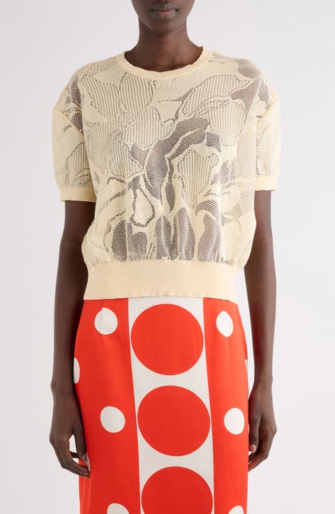 Floral Pattern Mixed Stitch Crewneck Sweater