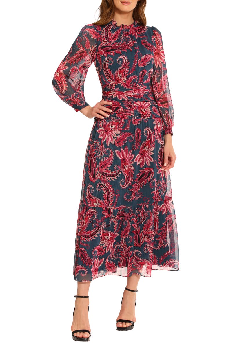 Maggy London Paisley Gathered Waist Long Sleeve Chiffon Maxi Dress, Alternate, color,