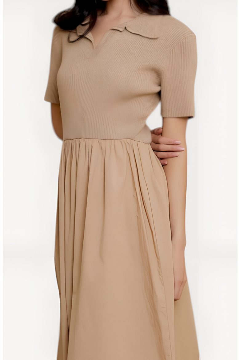 Polo Collar Short-Sleeve Gathered A-Line Midi Sweater Dress, Alternate, color, Beige