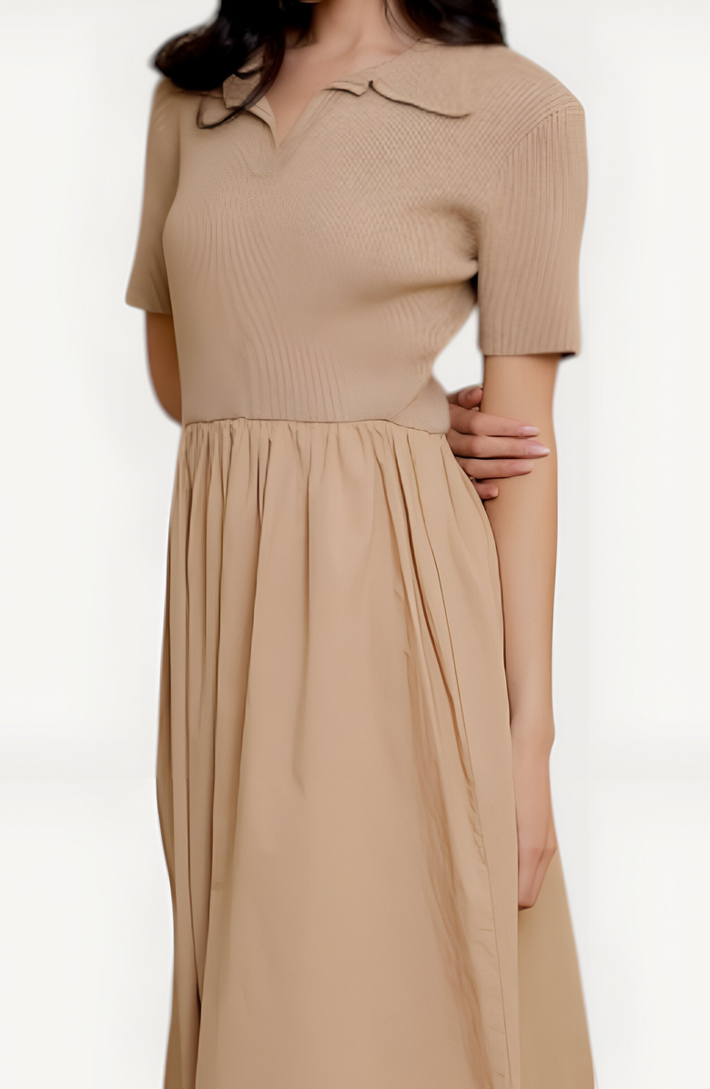 Modenaire Polo Collar Short-Sleeve Gathered A-Line Midi Sweater Dress, Alternate, color, Beige