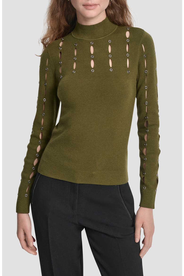 Grommet Cutout Detail Mock Neck Sweater, Main, color, DARK OLIVE