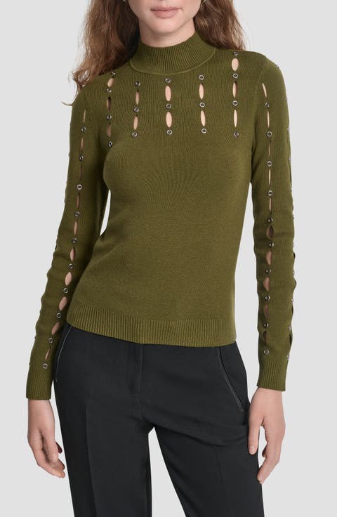 Grommet Cutout Detail Mock Neck Sweater