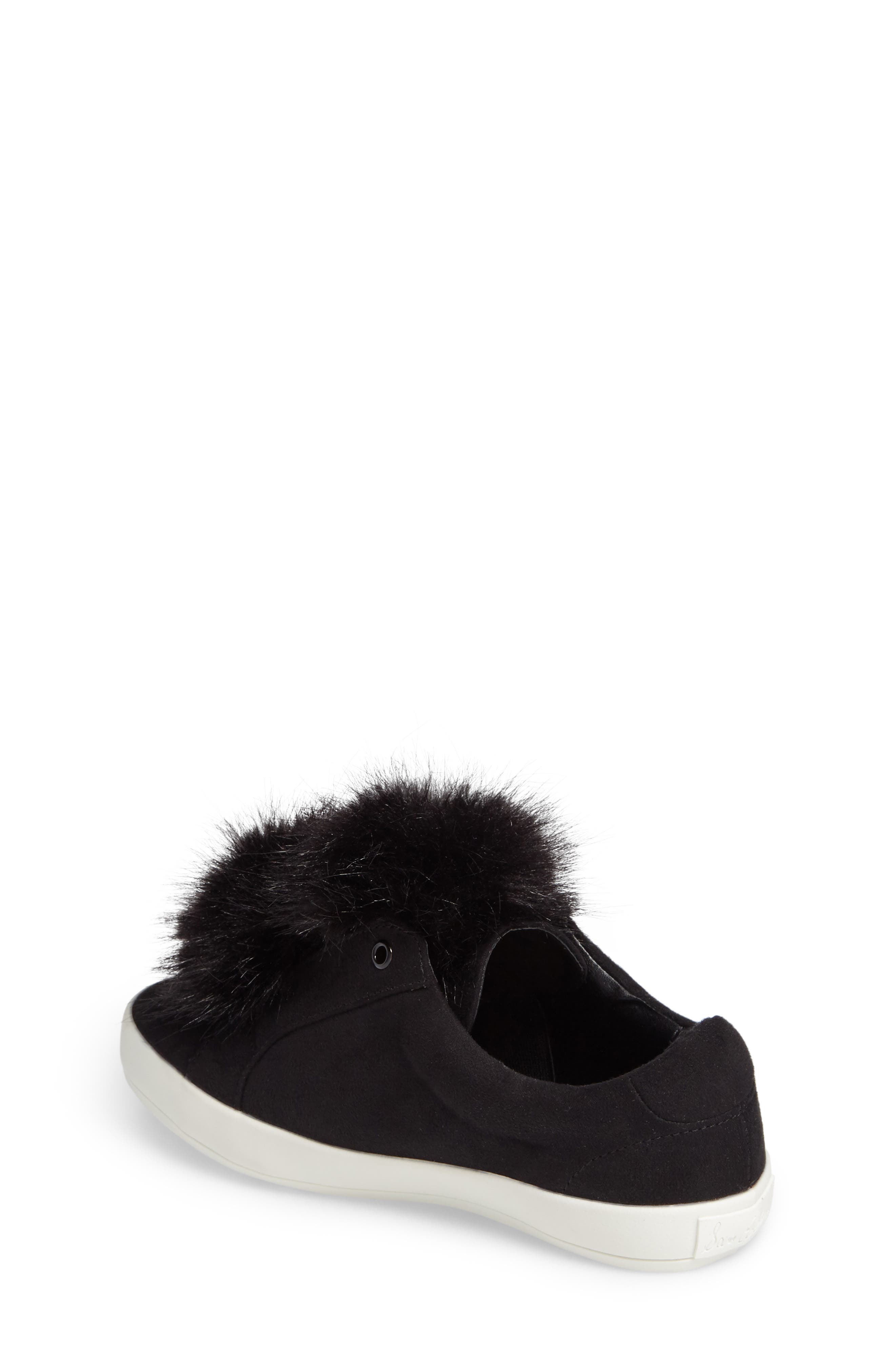 Cynthia Leya Faux Fur Pompom Slip-On Sneaker, Alternate, color, BLACK FAUX LEATHER