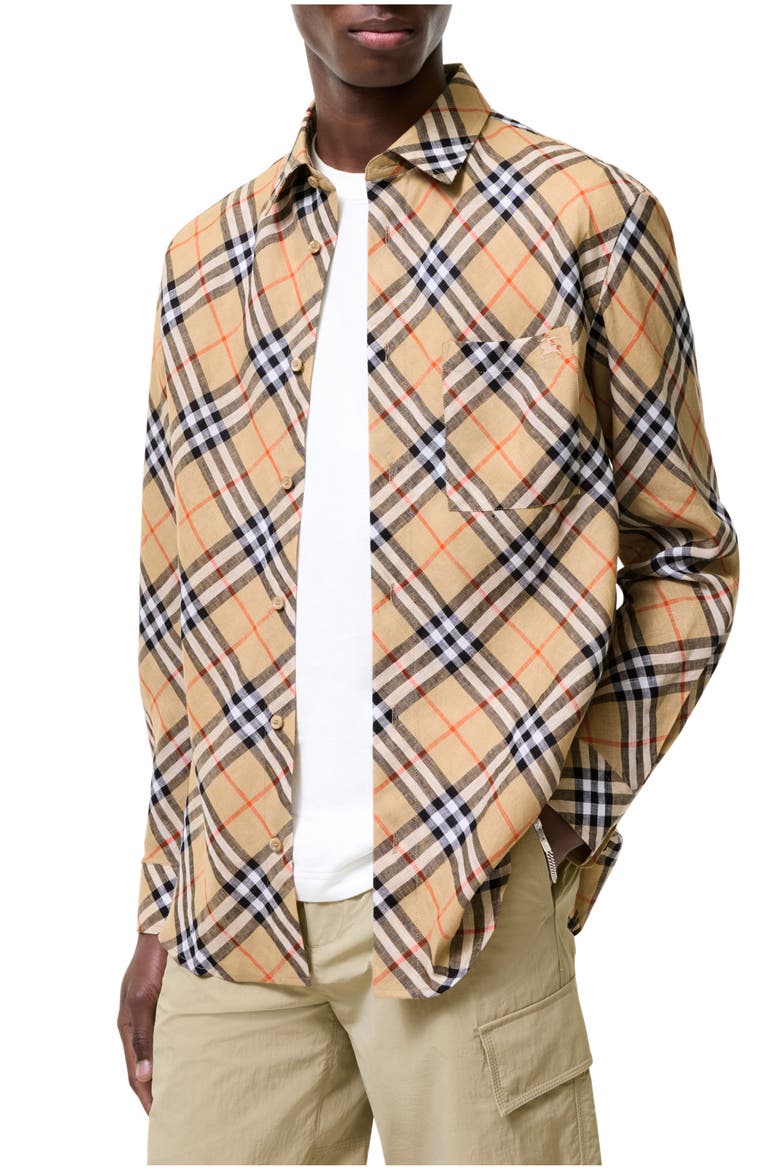 Relaxed Fit Check Linen Shirt, Main, color, Sand beige