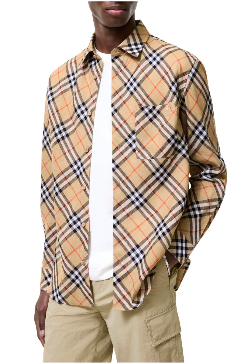 Burberry Relaxed Fit Check Linen Shirt, Main, color, Sand Beige