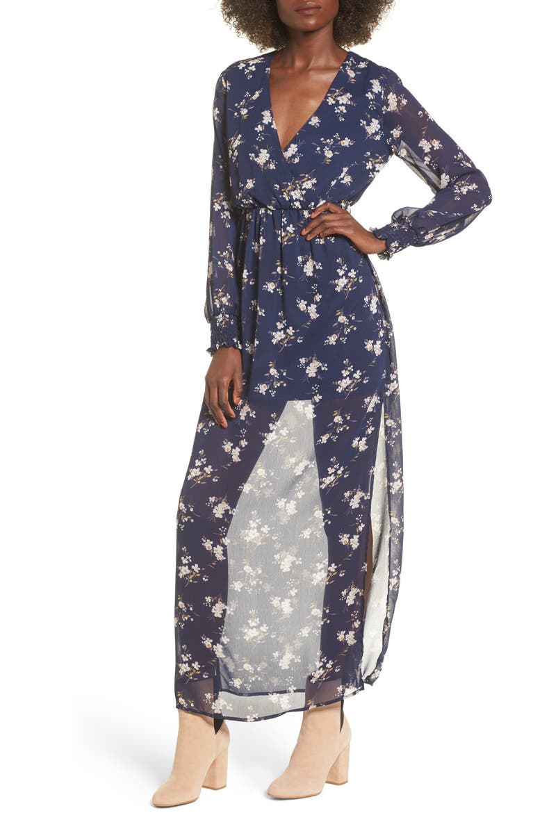 Surplice Maxi Dress, Main, color, NAVY SALMON FLORAL