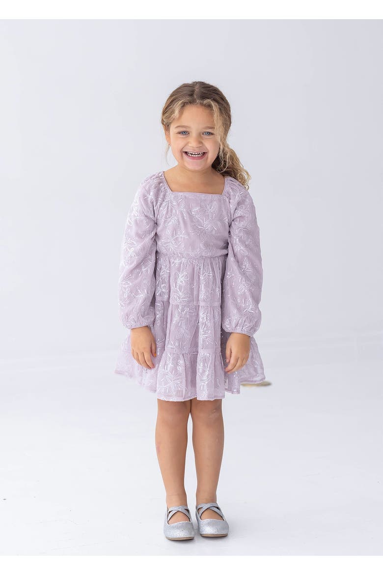 Sugarplum Sparkle Long Sleeve Floral Sequin Square Neck Tiered Dress, Main, color, Purple