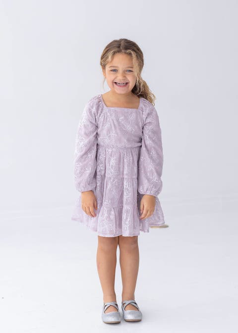 Sugarplum Sparkle Long Sleeve Floral Sequin Square Neck Tiered Dress