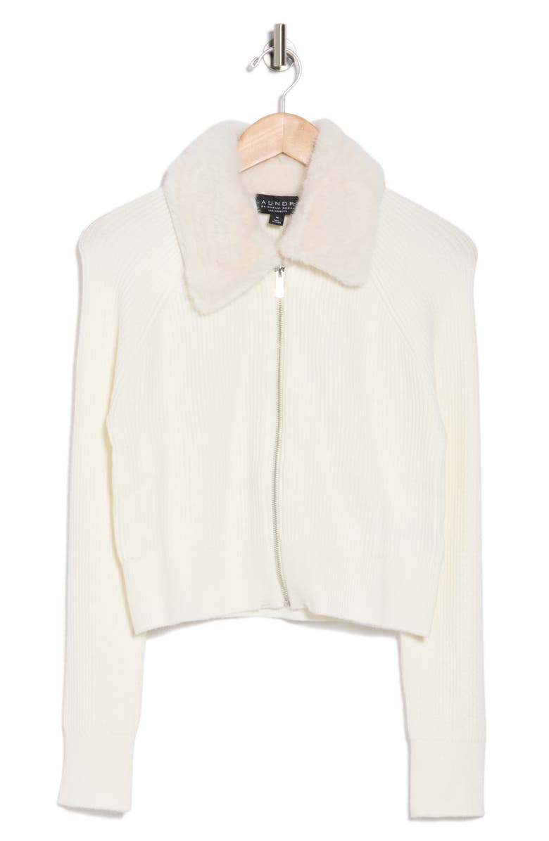 Laundry by Shelli Segal Faux Fur Collar Crop Zip Cardigan, Alternate, color, Cream