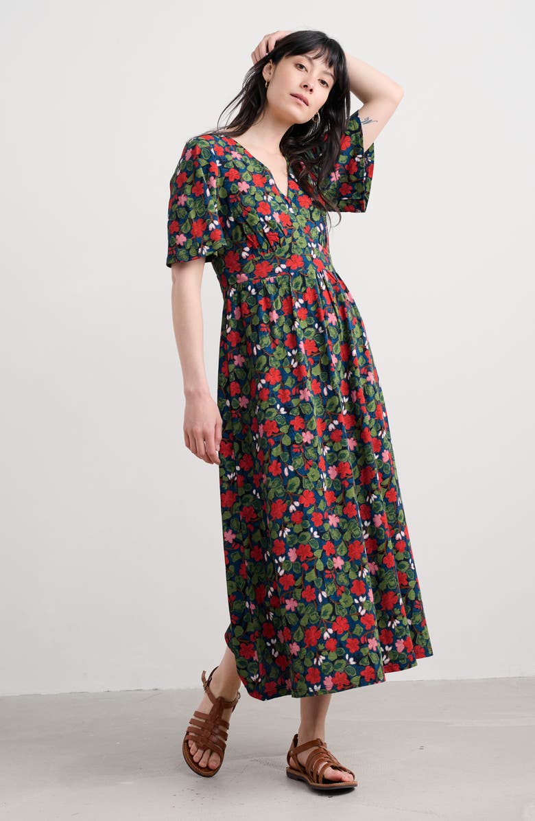 Seasalt Cornwall Chateaux Floral Print Organic Cotton Midi Dress, Alternate, color, Houseplant Maritime