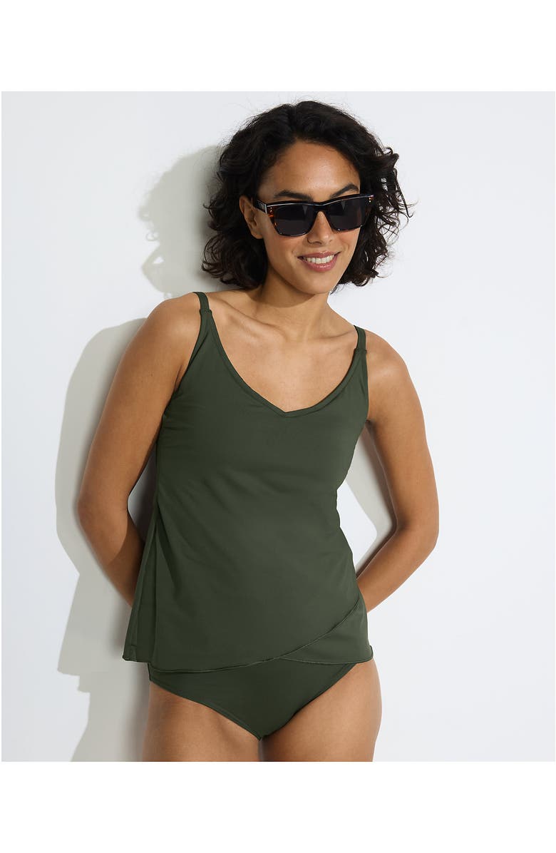 Lands' End D-Cup Chlorine Resistant V-Neck Tulip Hem Tankini Swimsuit Top with Adjustable Straps, Alternate, color, Rich Olive Green
