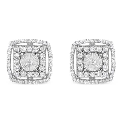 Silver 1.0 Ct Round Diamond Double Halo and Disc Stud Earring