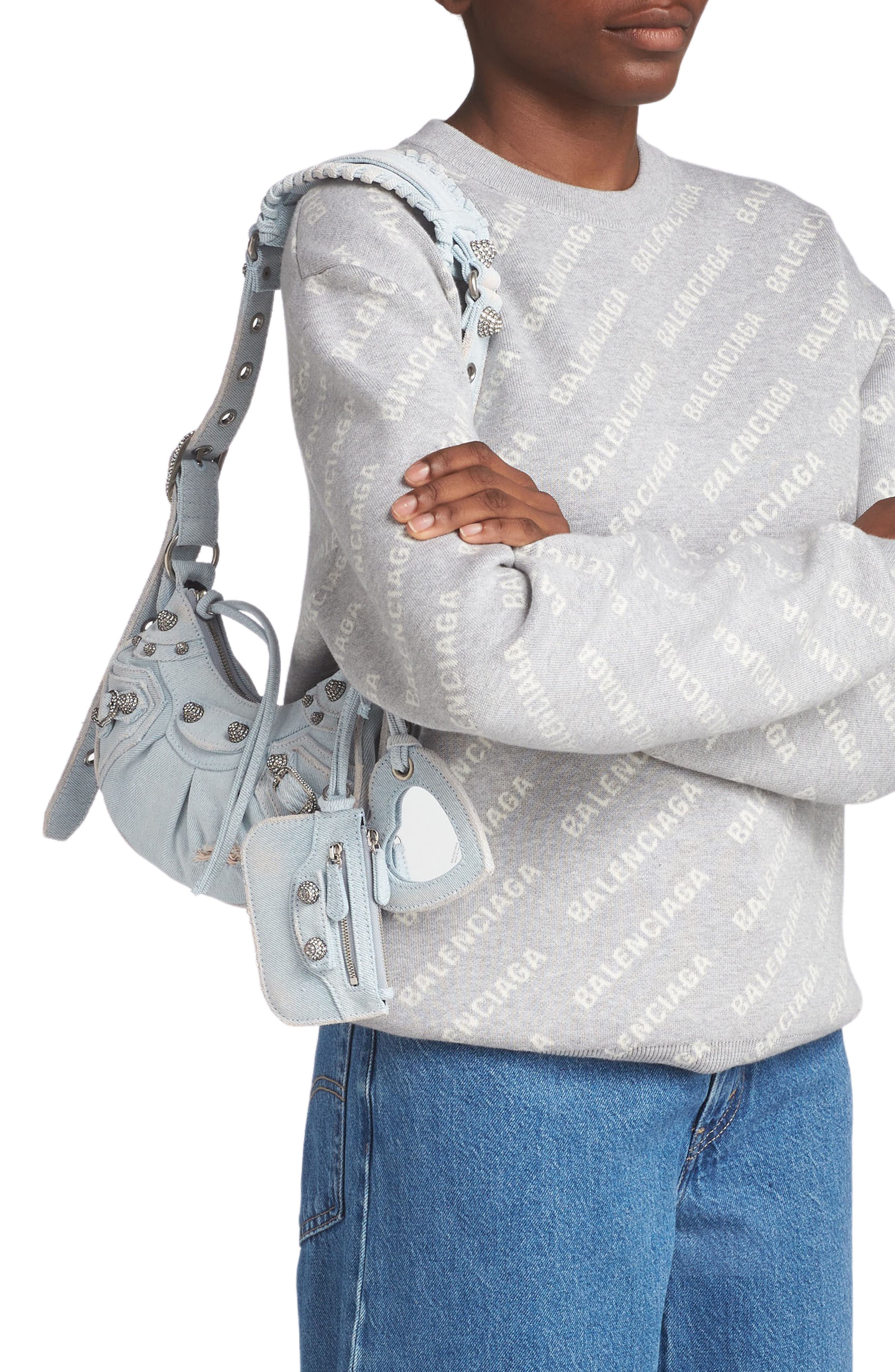 Balenciaga Extra Small Cagole Distressed Denim Shoulder Bag, Alternate, color, 