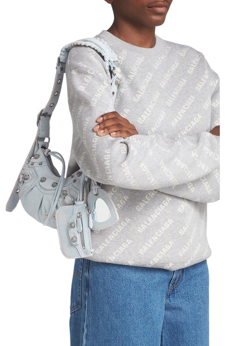Balenciaga Extra Small Cagole Distressed Denim Shoulder Bag, Alternate, color,