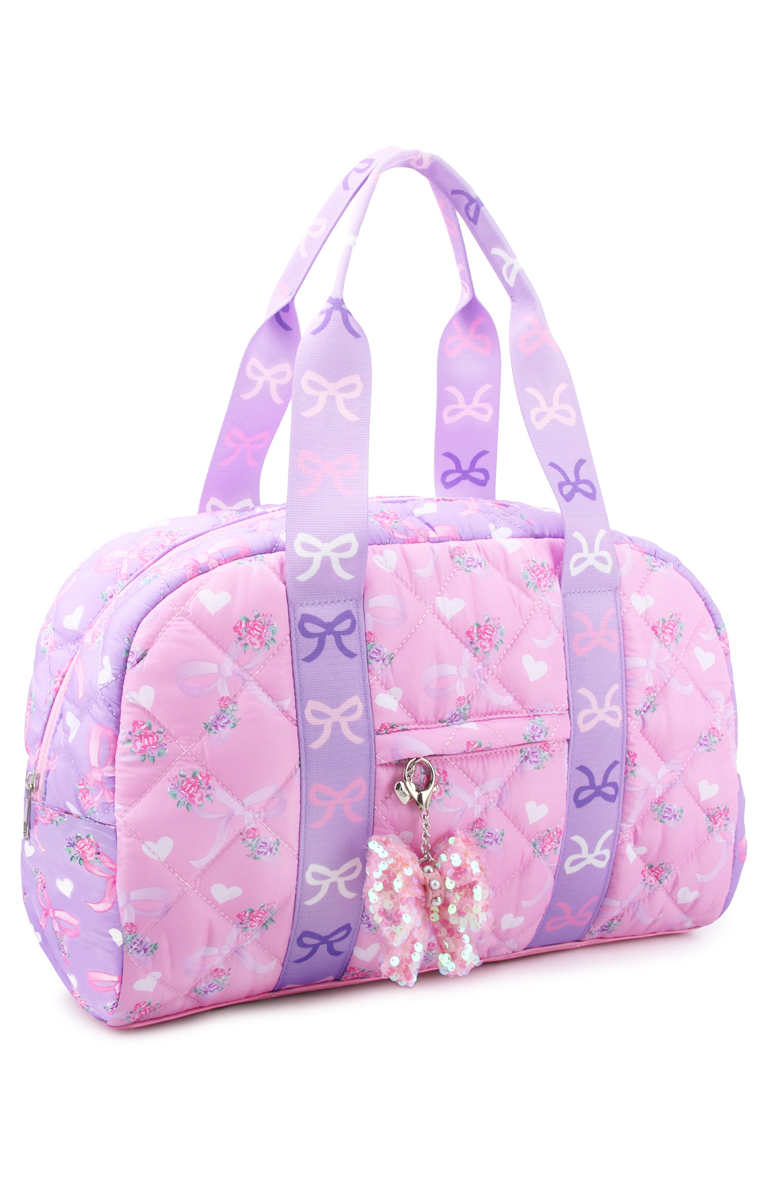 OMG Accessories Kids' Bow Quilt Duffle Bag, Alternate, color, Purple Multi
