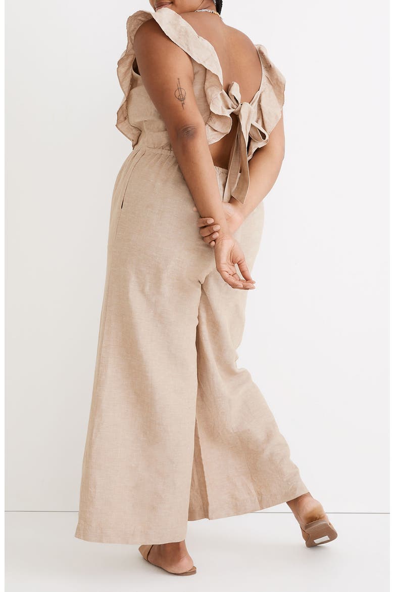 Linen Blend Ruffle Tie-Back Jumpsuit, Alternate, color, SEED KHAKI