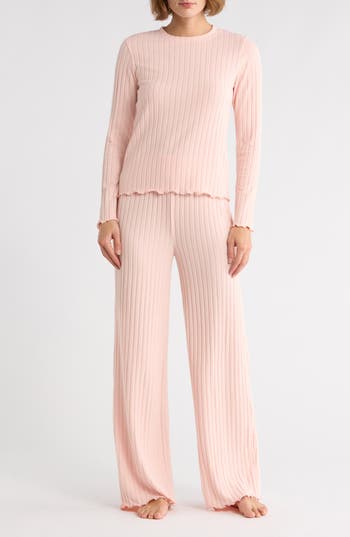 Yogalicious Brushed Ribbed Long Sleeve Top & Pants Pajamas In Pink
