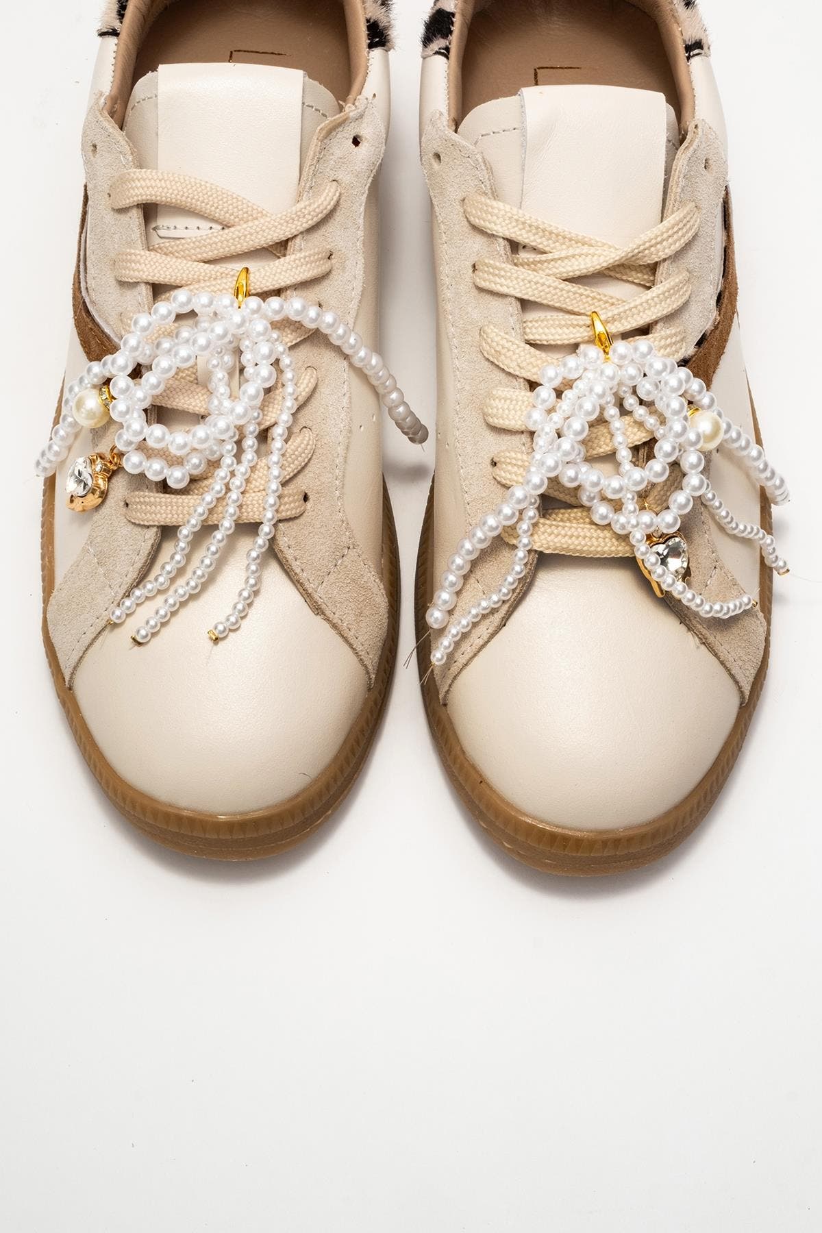 Taren Leather Pearl Buckle Sneakers, Alternate, color, Beige Leather