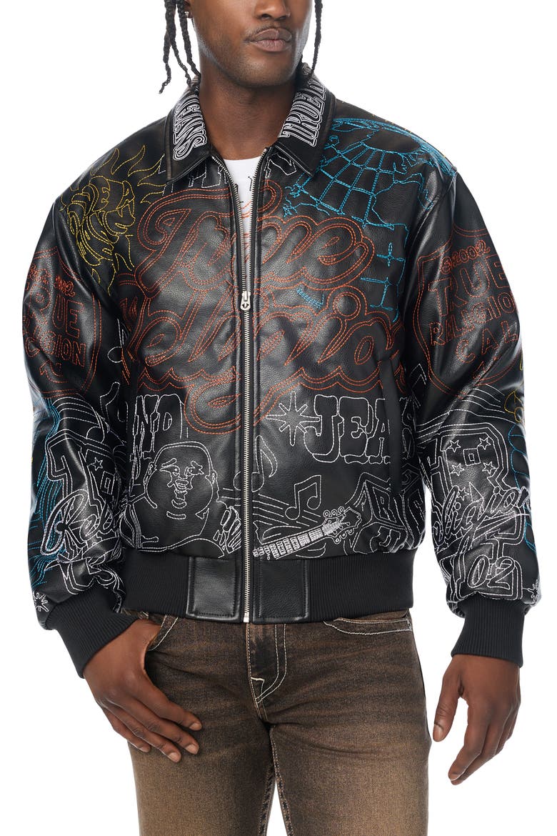 Trophy Faux Leather Bomber Jacket, Main, color, JET BLACK