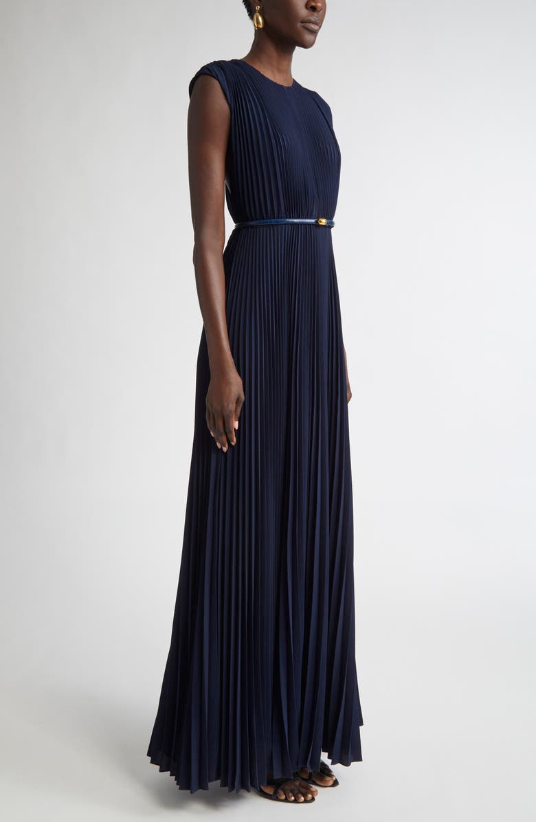 ST. JOHN Emery Pleated Lightweight Crepe Gown, Alternate, color, Navy