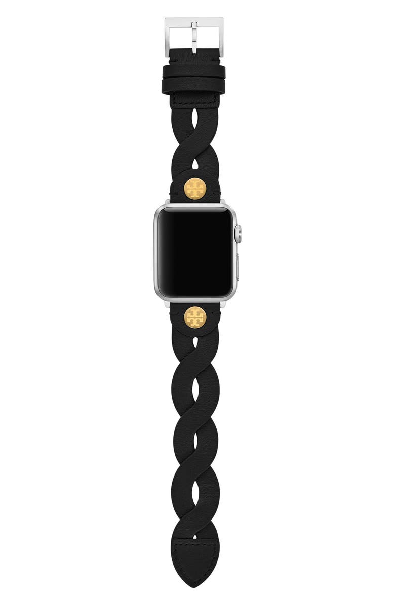 Tory Burch Braided Leather 20mm Apple Watch<sup>®</sup> Watchband, Alternate, color, Black