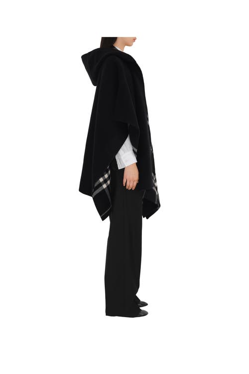 Shop Burberry Reversible Check Cashmere Cape In Black/calico