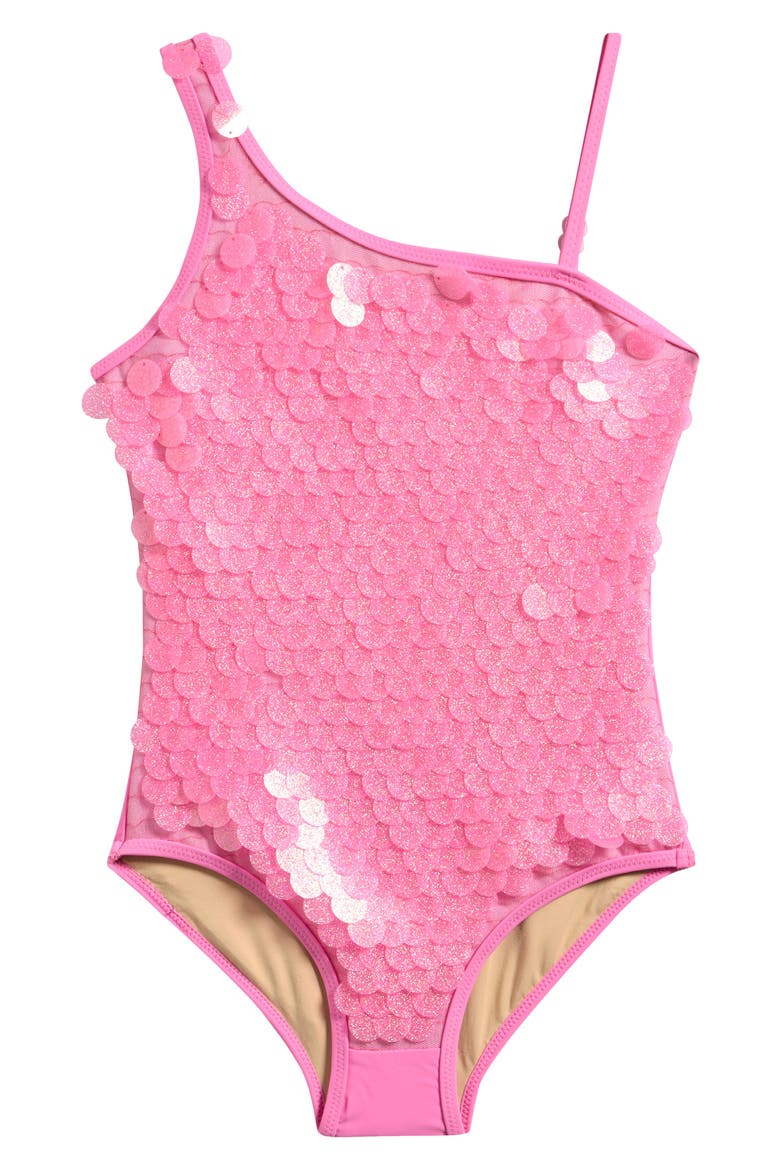 Kids' Sequin One-Shoulder One-Piece Swimsuit, Main, color, PINK