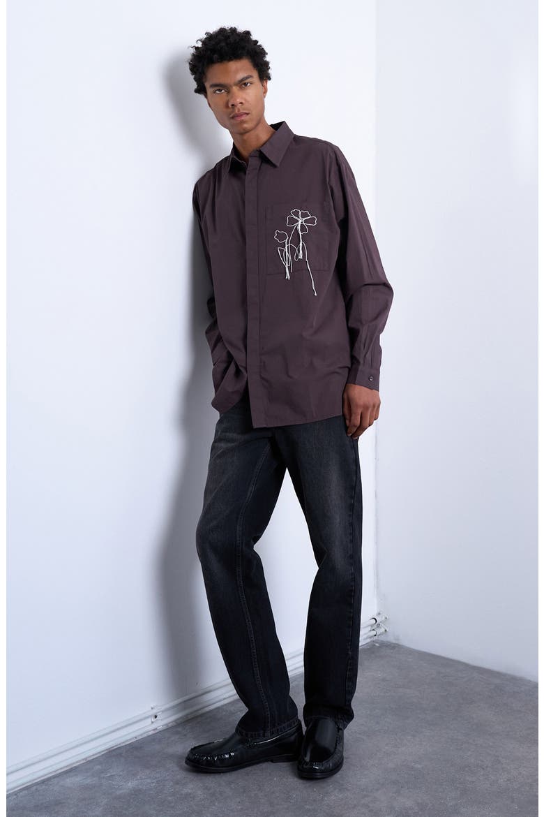 Floral Rope Embroidered Poplin Button-Up Shirt, Alternate, color, BROWN