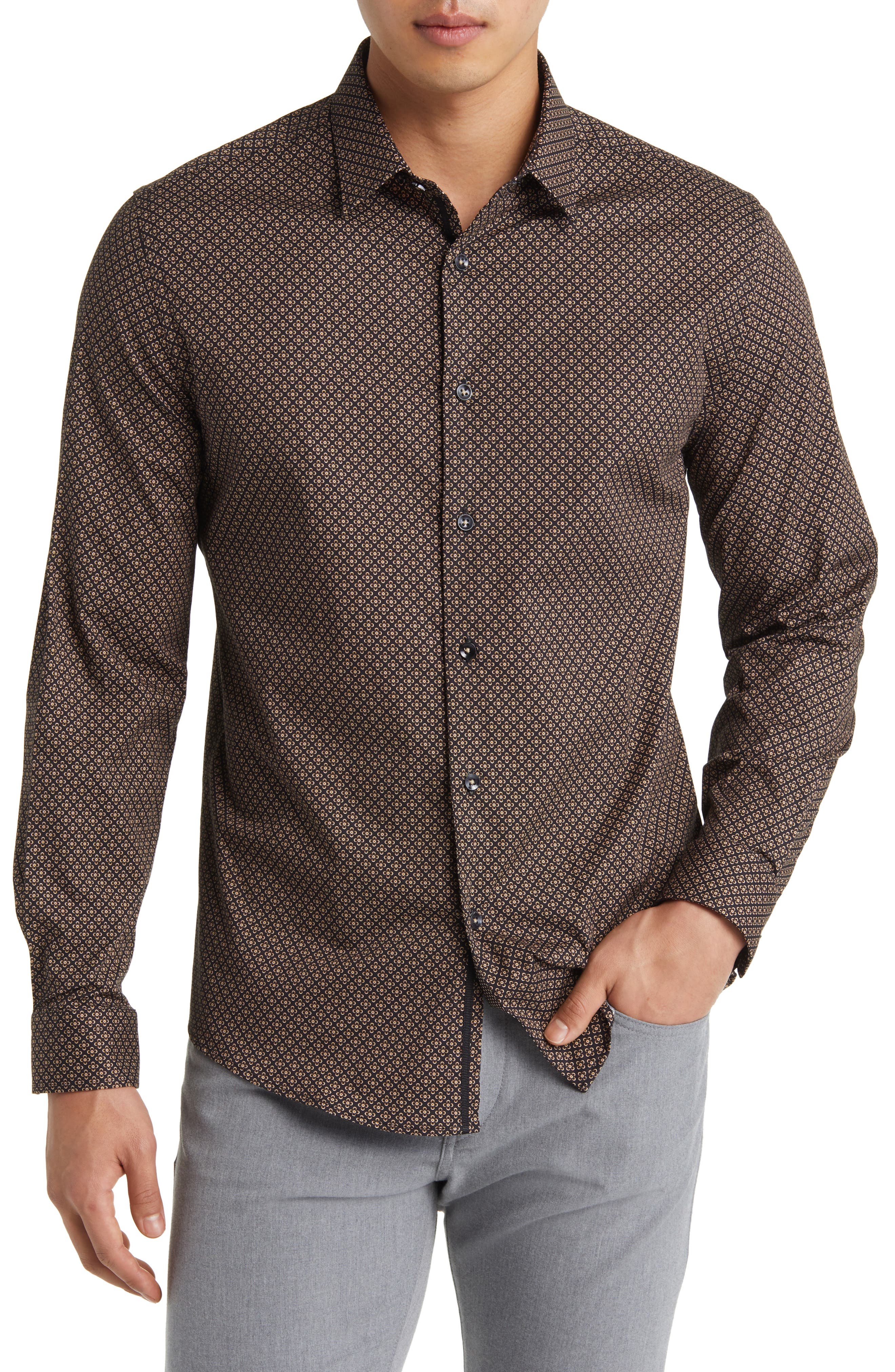 Stone Rose Clover Geometric Print Stretch Cotton Button-Up Shirt