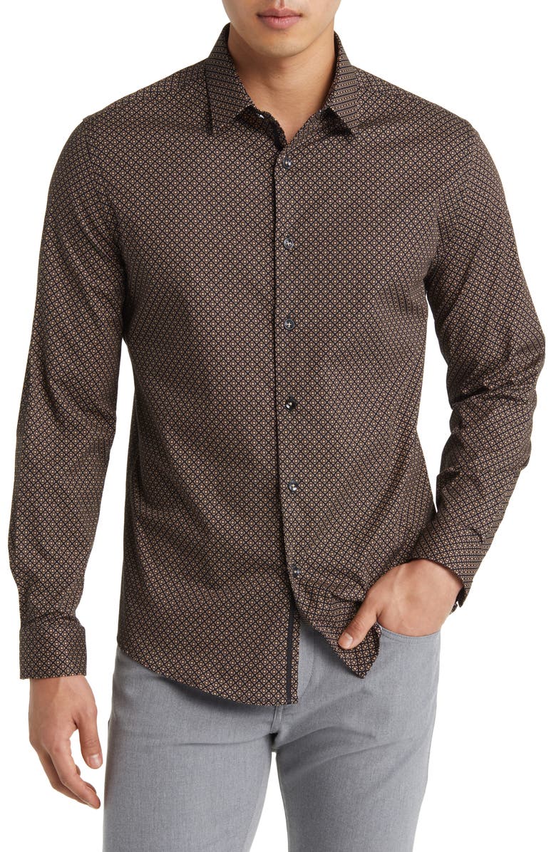 Stone Rose Clover Geometric Print Stretch Cotton Button-Up Shirt, Main, color, Brown