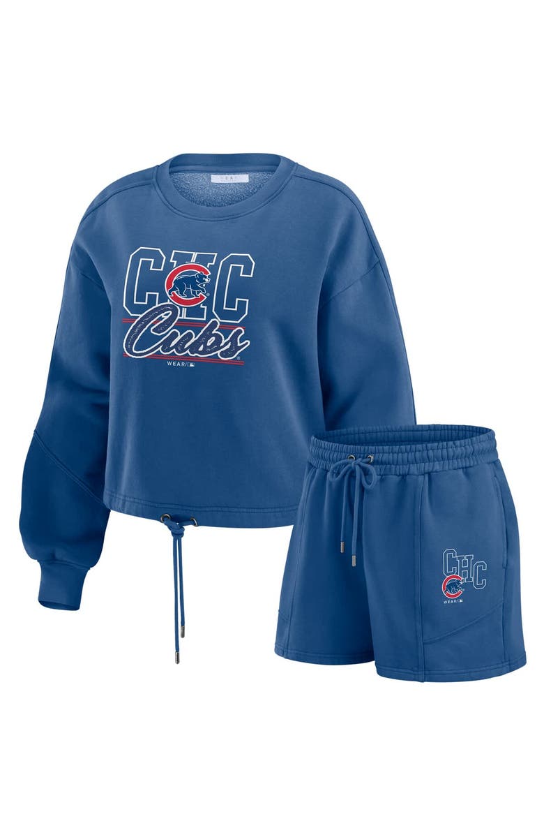 WEAR by Erin Andrews Women's WEAR by Erin Andrews  Royal Chicago Cubs Washed Fleece Sweatshirt & Shorts Lounge Set, Main, color, Royal