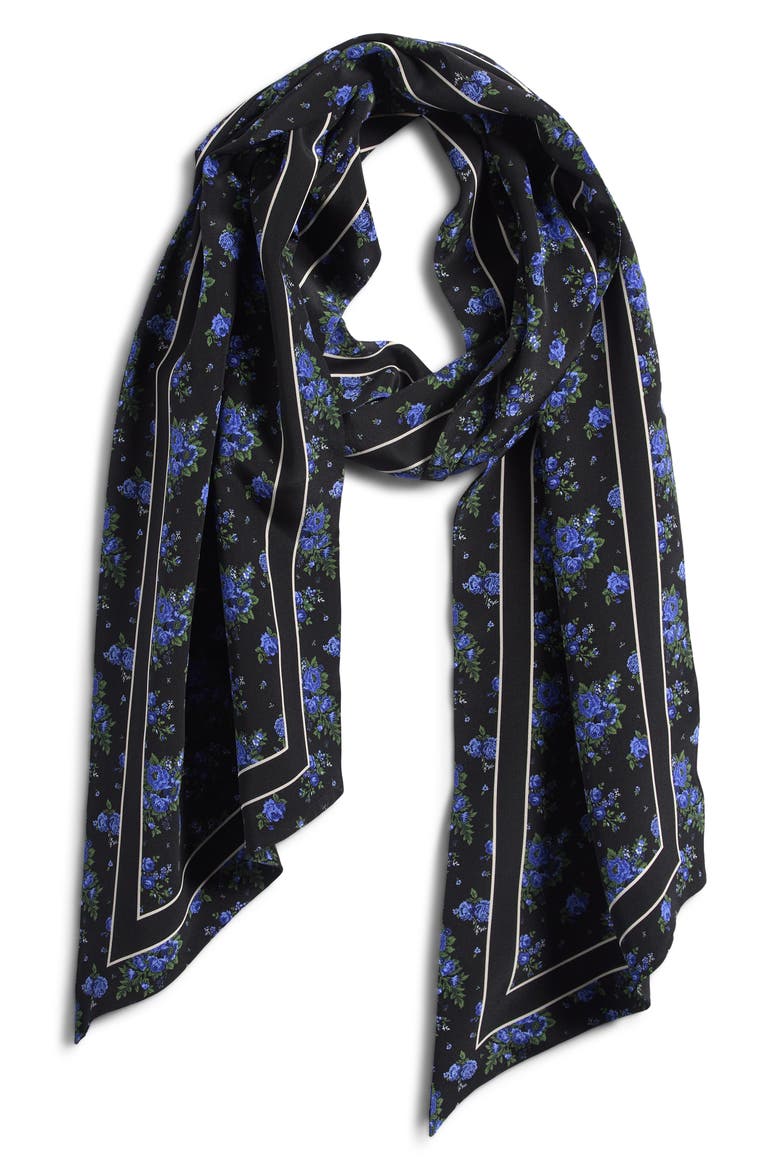 Folk Floral Silk Scarf, Alternate, color, BLACK - BLUE