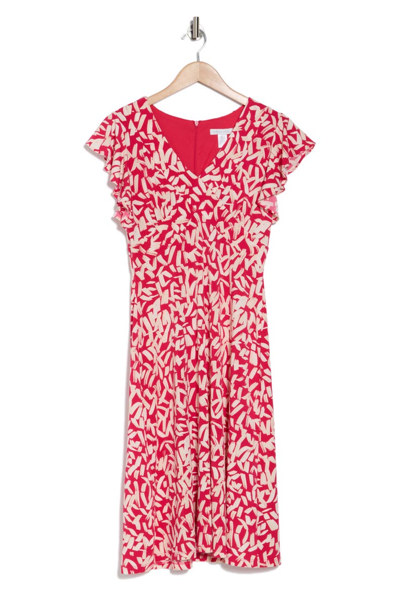 Wrap Style Flutter Sleeve Dress, Alternate, color, ROSE RED/ CREAM