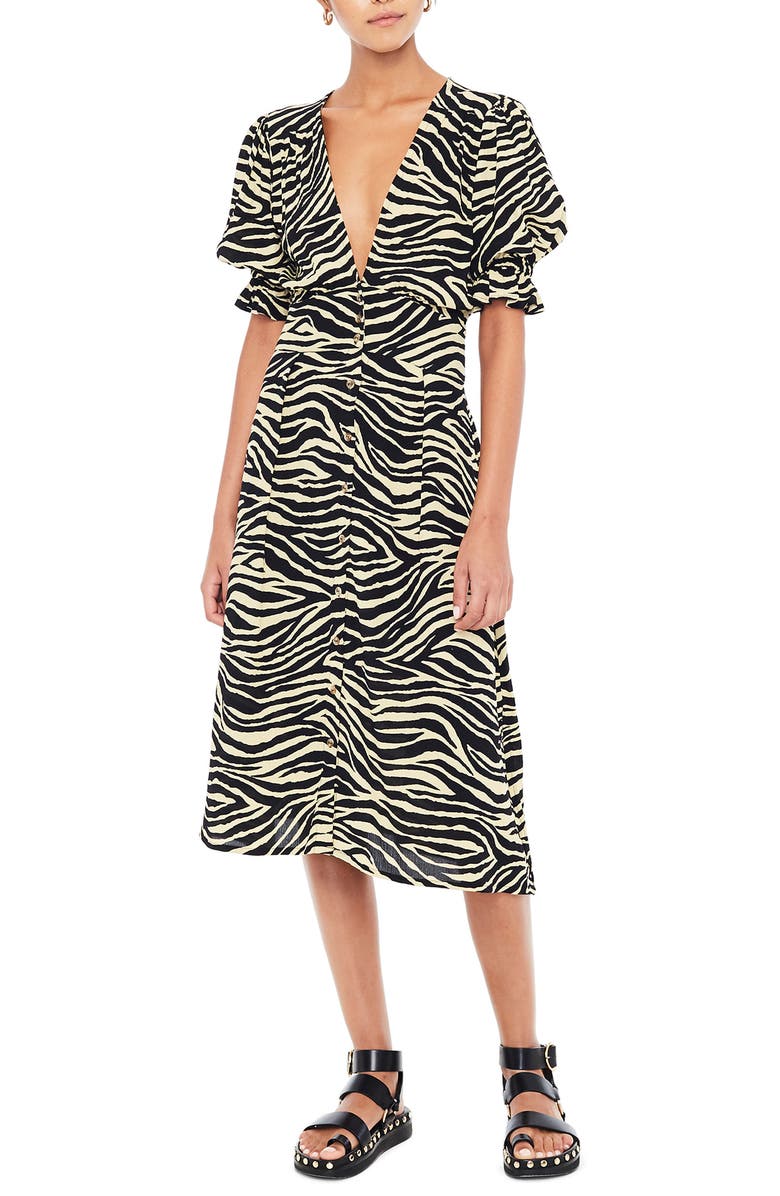 Faithfull the Brand Rafa Zebra Print Midi Dress, Main, color,