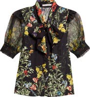 Alice + Olivia Brentley Tie Neck Puff Sleeve Top