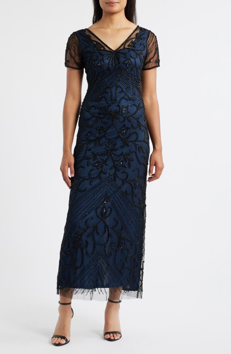 Pisarro Nights Beaded Mesh Column Gown, Main, color, Neptune