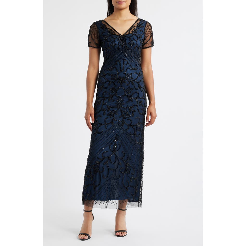 Pisarro Nights Beaded Mesh Column Gown In Blue