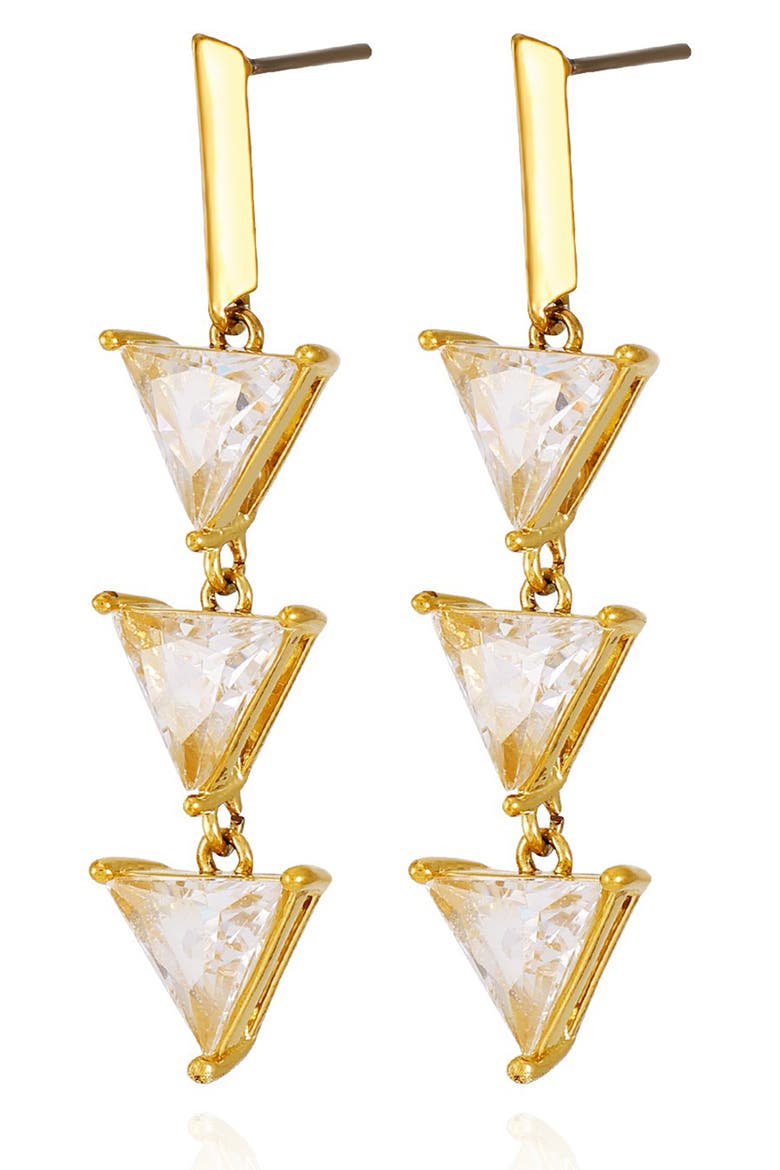 Cubic Zirconia Triple Triangle Linear Drop Earrings/, Alternate, color, GOLDTONE