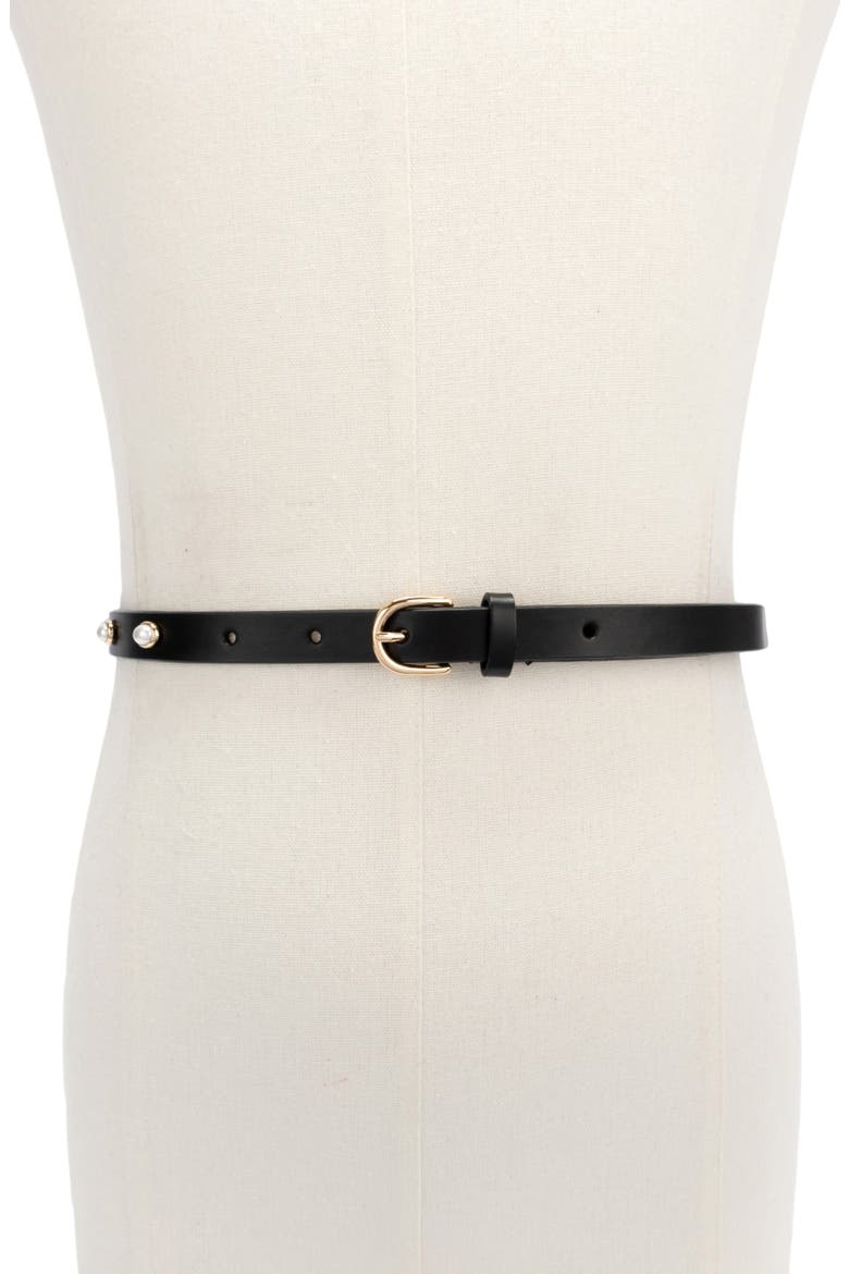 Faux Pearl Halo Stud Leather Belt, Alternate, color, BLACK