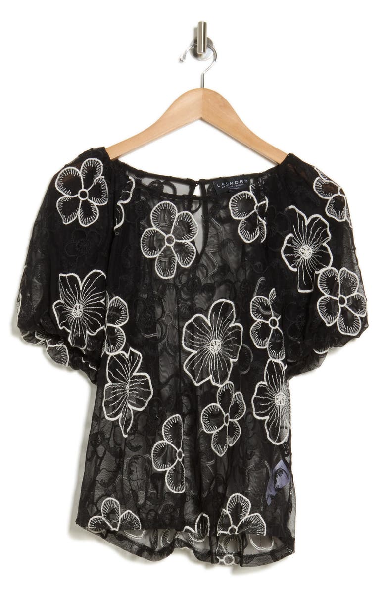 Laundry by Shelli Segal Puff Sleeve Embroidered Mesh Top, Alternate, color,