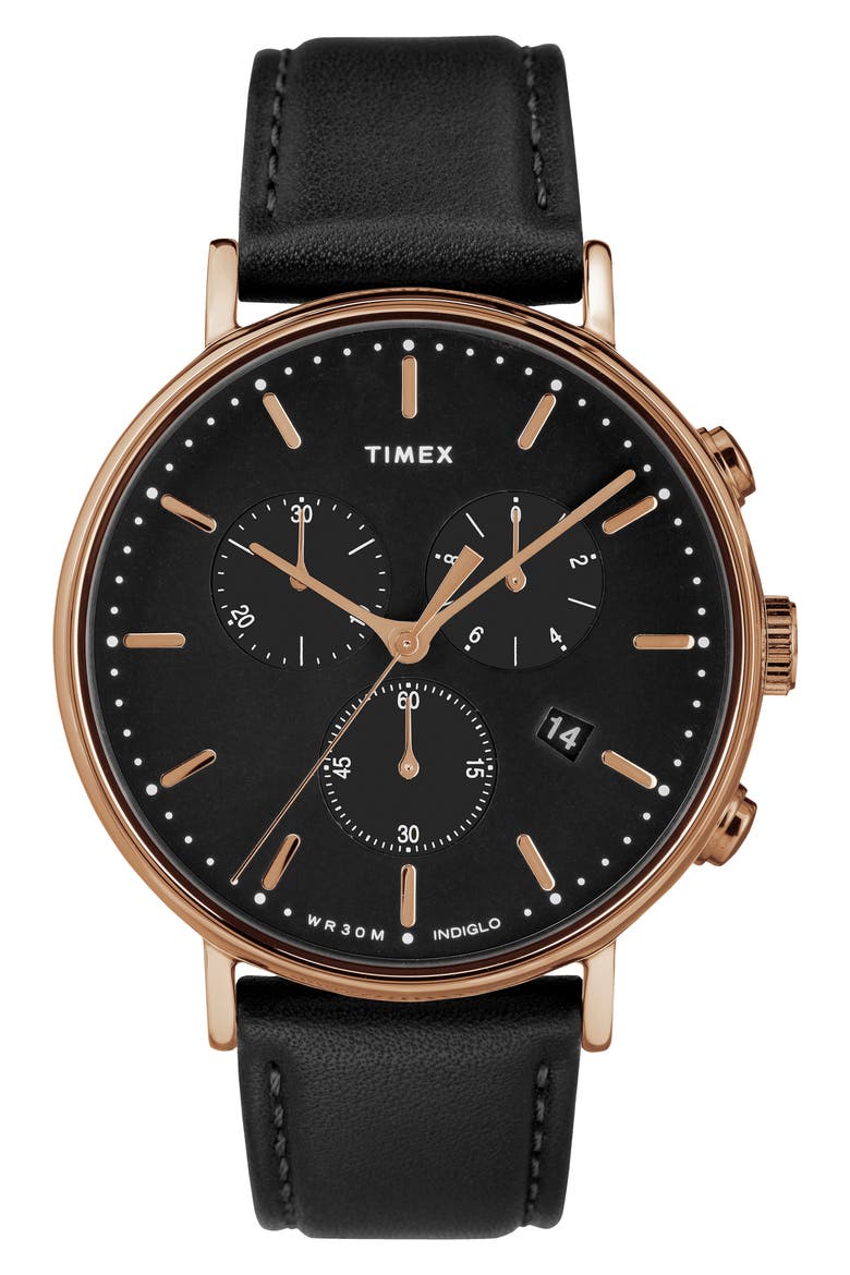 Fairfiled Leather Strap Watch, 41mm, Main, color, BLACK/ ROSE GOLD