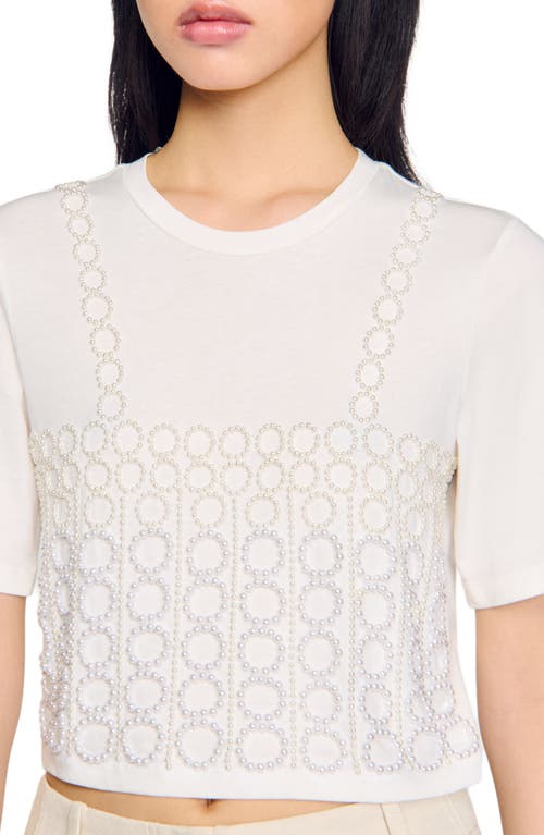 Sandro Womens Beaded Cropped Cotton T-shirt Naturels In White