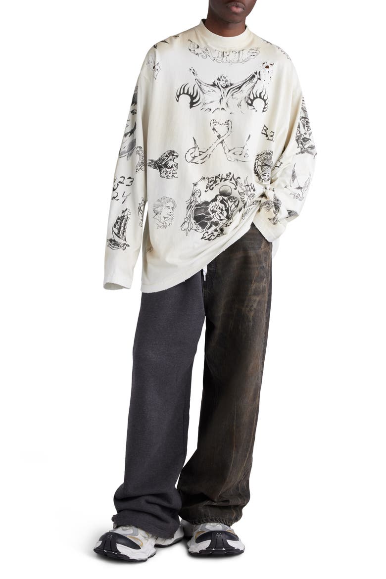 Tattoo Distressed Long Sleeve Cotton Graphic T-Shirt, Alternate, color, OFF WHITE/ BLACK