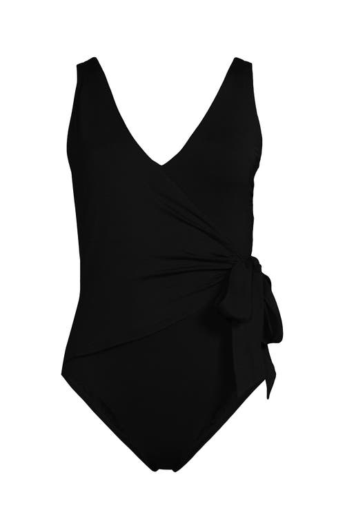 Lands' End Chlorine Resistant Side Tie Wrap High Leg One Piece Swimsuit In Black
