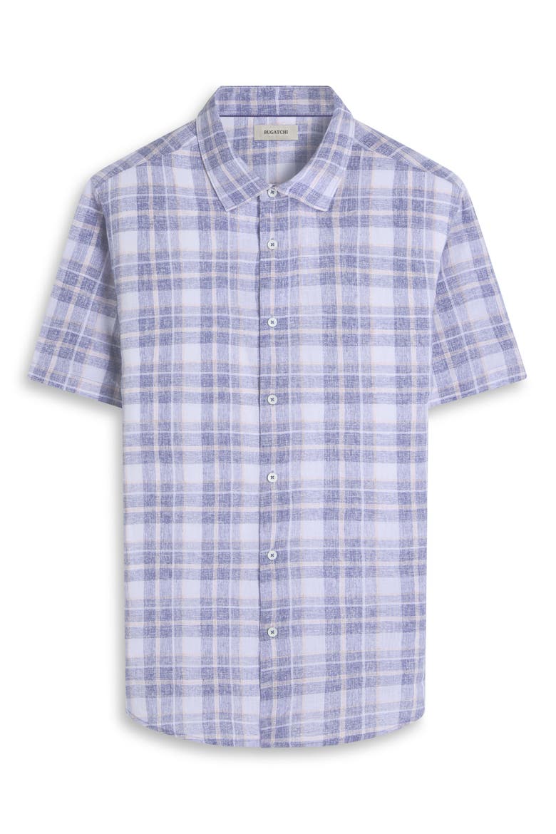 Orson Plaid Short Sleeve Slub Linen Button-Up Shirt, Alternate, color, STEEL
