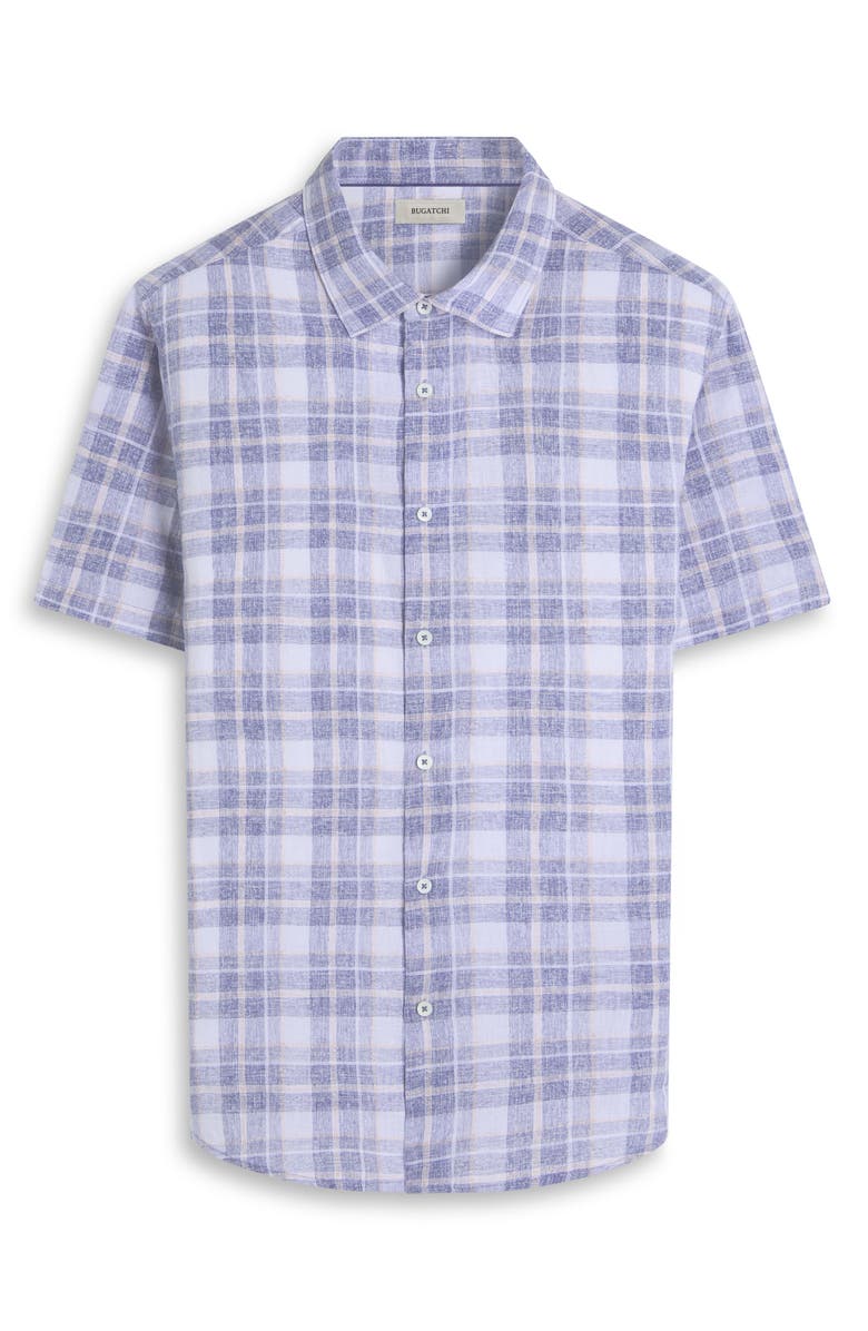 Bugatchi Orson Plaid Short Sleeve Slub Linen Button-Up Shirt, Alternate, color, Steel