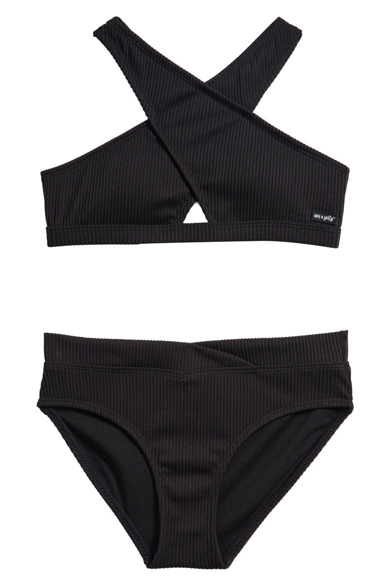 Kids' Cross Front Two-Piece Swimsuit, Main, color, BLACK